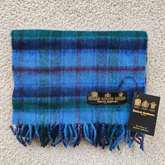 NWT Kinloch Anderson Blue Plaid Wool Fringe Scarf - Picture 1 of 7